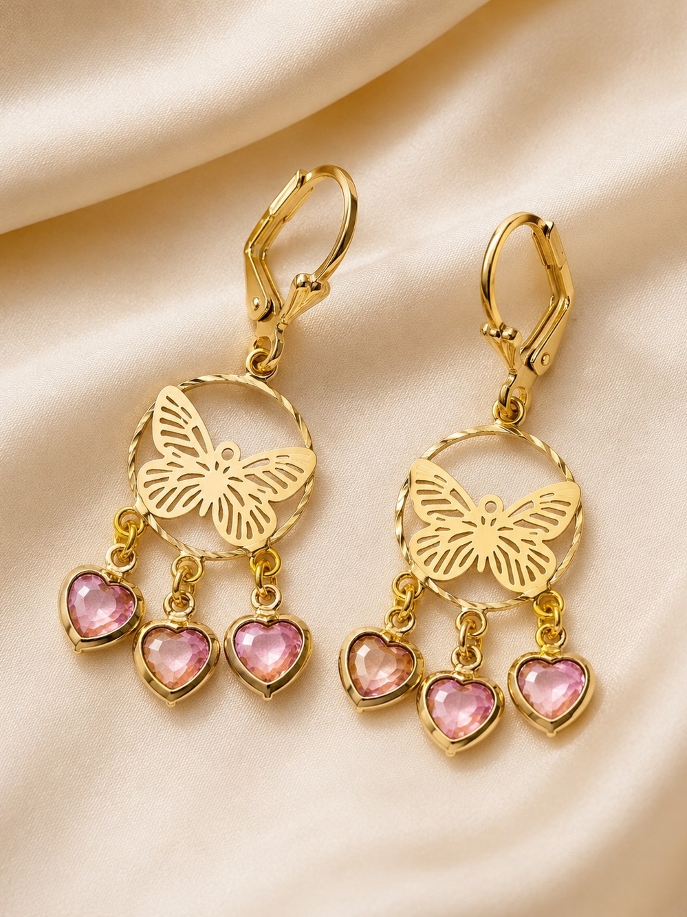 14K Gold Laminated Butterfly Drop Earrings Pink Hearts